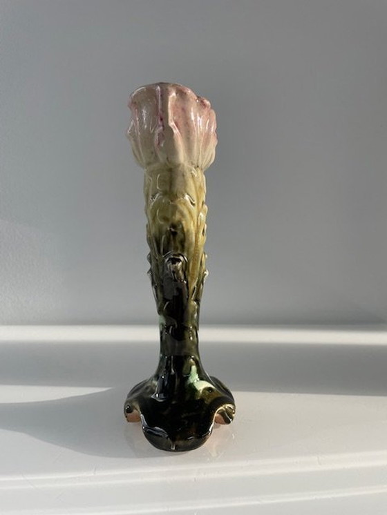 Image 1 of Bunte figurative Blumenstielvase - Jugendstil Majolika