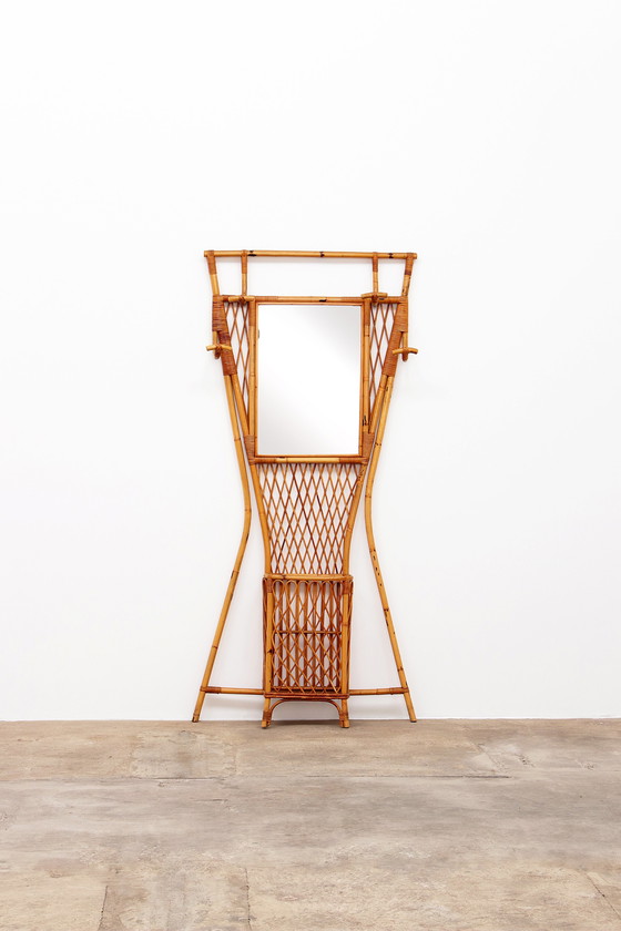 Image 1 of Französische Wandgarderobe aus Bambus mit großem Spiegel, 1960