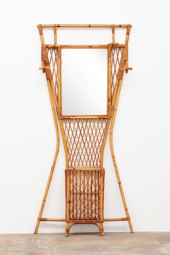 Image 1 of Französische Wandgarderobe aus Bambus mit großem Spiegel, 1960