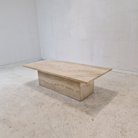 Image 1 of Rechteckiger Couchtisch aus Travertin und Messing, Italien 1980