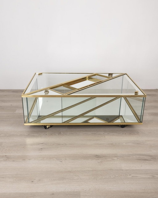 Vintage 1960S Couchtisch in goldenem Messing und Kristall italienisches Design