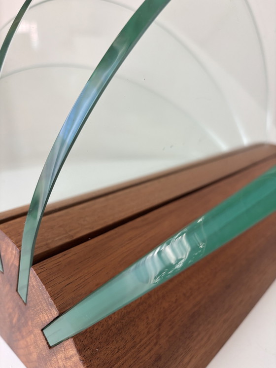 Image 1 of Post Modern Glass Magazine Holder/ Journal Rack With Wooden Base. Memphis Stil 1980er Jahre
