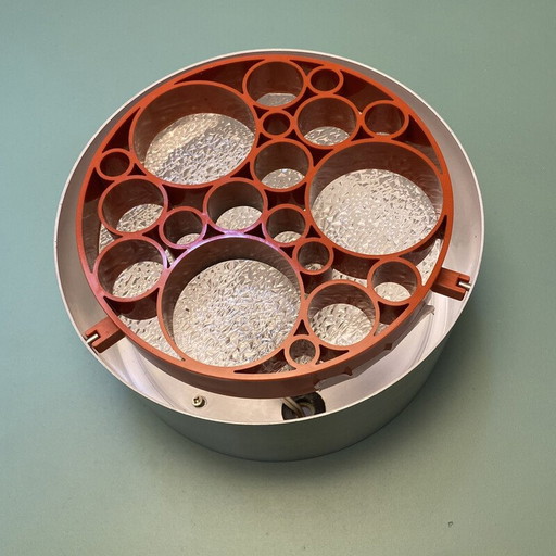 Paar Vintage "Alliance" Deckenleuchten aus gebürstetem Aluminium und Glas für Raak, Niederlande 1968