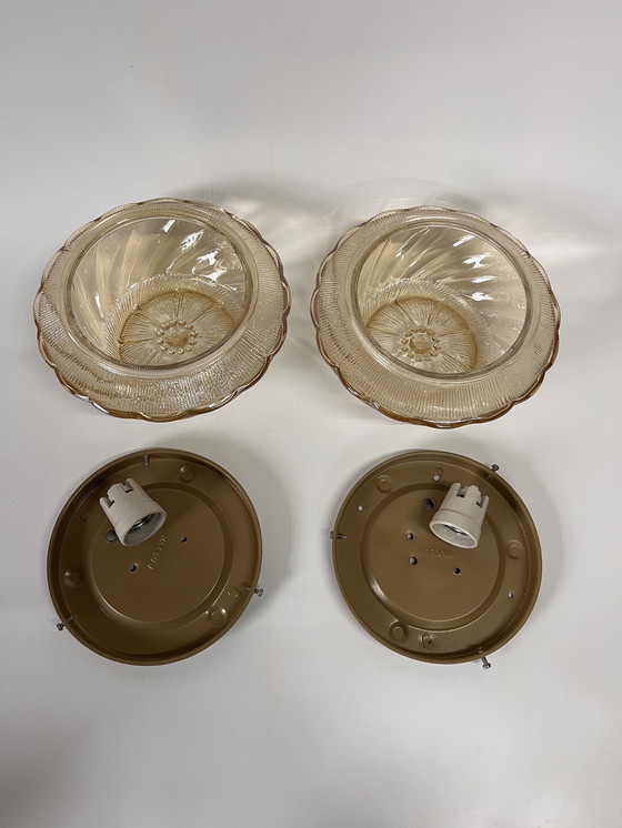 Image 1 of Set Mid Century Floral Wandlampe/Deckenlampe Bernstein/Gold Blume