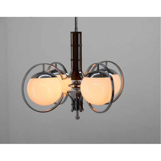 Image 1 of Vintage Art Deco Kronleuchter aus Opalglas und Holz, 1930