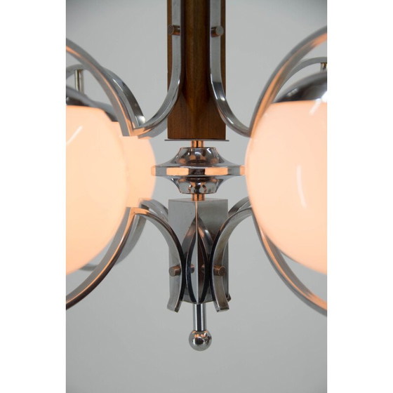 Image 1 of Vintage Art Deco Kronleuchter aus Opalglas und Holz, 1930