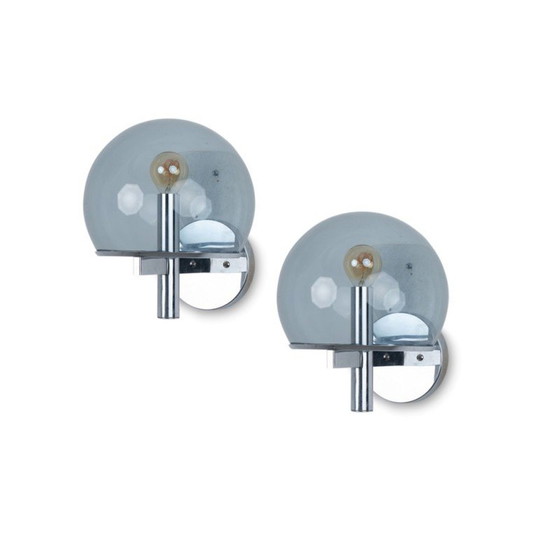 Image 1 of Paar Vintage-Wandlampen aus verchromtem Metall und Rauchglas in Boulle-Form von Gaetano Sciolari, Italien 1970