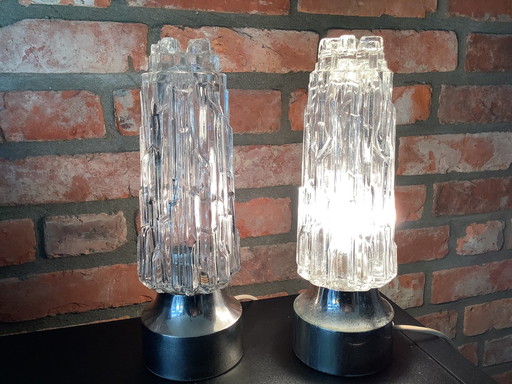 1960er Set von 2 Rock Ice Glas Tischlampen, Chromsockel, deutsch Mid Century