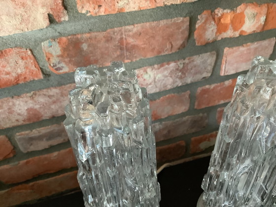 Image 1 of 1960er Set von 2 Rock Ice Glas Tischlampen, Chromsockel, deutsch Mid Century