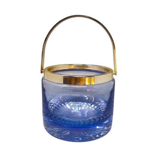 1970S Gorgeous Blue Ice Bucket in Kristall von L.A.C.S. Made in Italy.