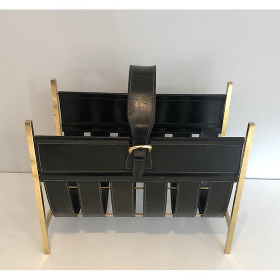 Image 1 of Zeitschriftenständer aus Messing und Leder von Jacques Adnet, 1940