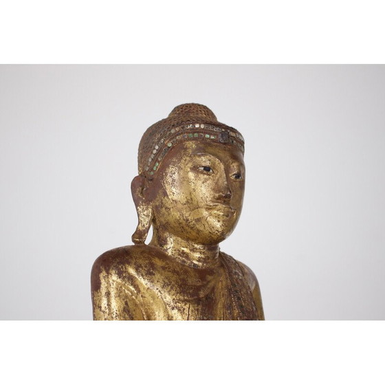 Image 1 of Stehende Buddha-Skulptur aus Holz und Glas, Birma