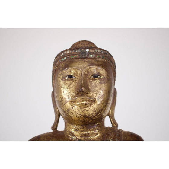 Image 1 of Stehende Buddha-Skulptur aus Holz und Glas, Birma