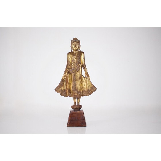 Image 1 of Stehende Buddha-Skulptur aus Holz und Glas, Birma