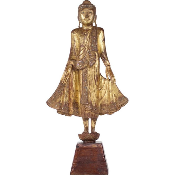 Image 1 of Stehende Buddha-Skulptur aus Holz und Glas, Birma