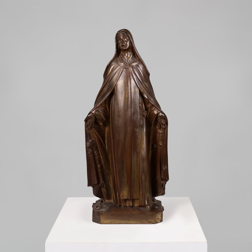 Große Statue der Heiligen Maria aus Bronze und bemaltem Gips, Belgien, 1930er Jahre