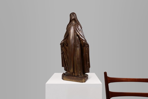 Große Statue der Heiligen Maria aus Bronze und bemaltem Gips, Belgien, 1930er Jahre