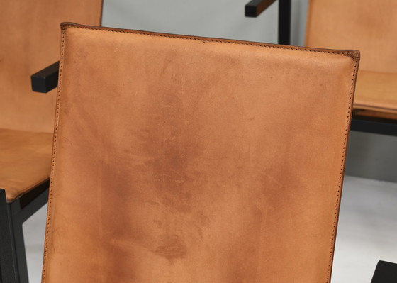 Image 1 of Einzigartiger Satz von sechs Esszimmerstühlen aus cognacfarbenem Leder, ca. 1970-80