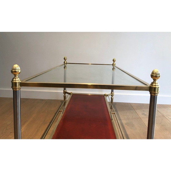 Image 1 of Vintage Couchtisch aus Messing mit roter Lederplatte von Jansen