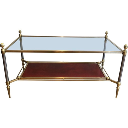 Vintage Couchtisch aus Messing mit roter Lederplatte von Jansen