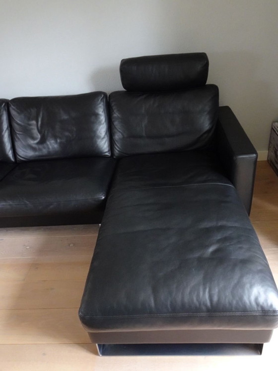 Image 1 of Erpo Schwarzes Ledersofa mit Chaise Longue