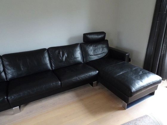 Image 1 of Erpo Schwarzes Ledersofa mit Chaise Longue