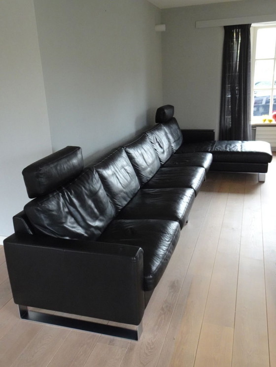 Image 1 of Erpo Schwarzes Ledersofa mit Chaise Longue