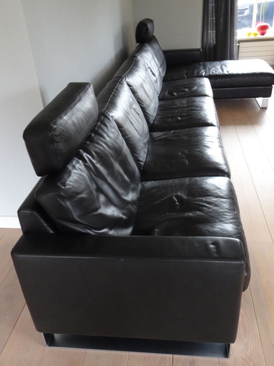 Image 1 of Erpo Schwarzes Ledersofa mit Chaise Longue