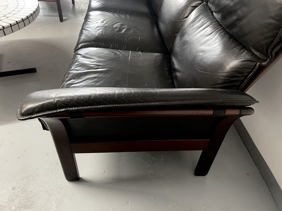 Image 1 of 3-Sitzer Sofa Und Zwei Sessel Aus Leder Und Teak Dreipunkt Scala Vintage 1980Er