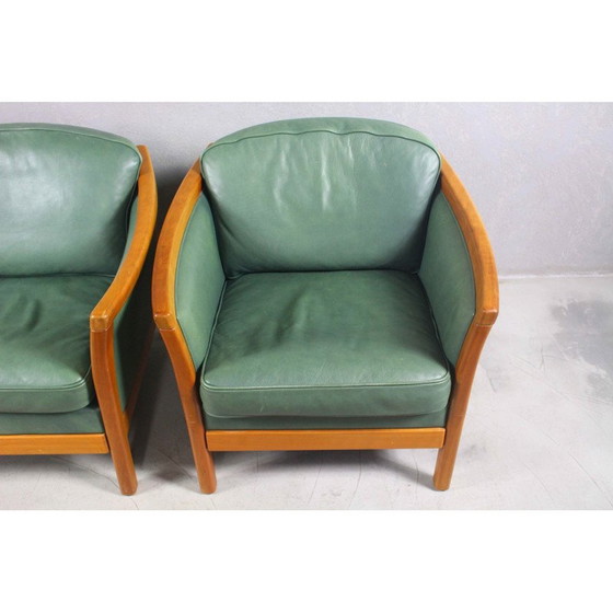 Image 1 of Paar Vintage-Sessel aus grünem Leder und massivem Kirschbaumholz, Dänemark 1970er Jahre