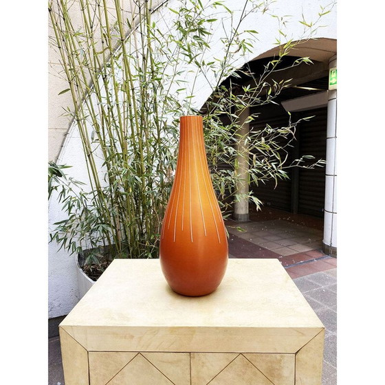 Image 1 of Bernsteinfarbene Vase mit weißen Strahlen und rotem Dekor von Salviati Murano Francesco Lucchese, 2005