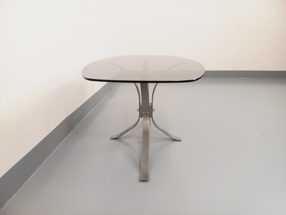 Image 1 of Couchtisch Oval Rechteckig Abgerundet Vintage Glas Und Verchromtes Metall Aus Den 70er Jahren