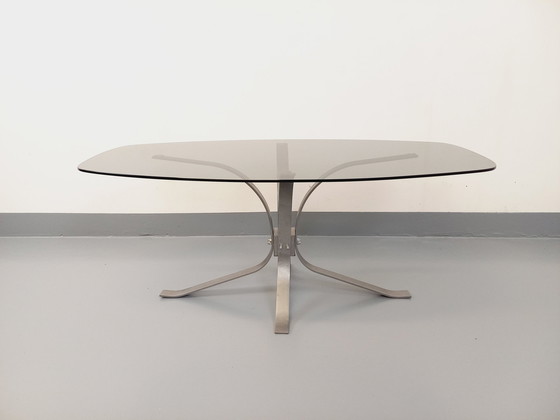 Image 1 of Couchtisch Oval Rechteckig Abgerundet Vintage Glas Und Verchromtes Metall Aus Den 70er Jahren