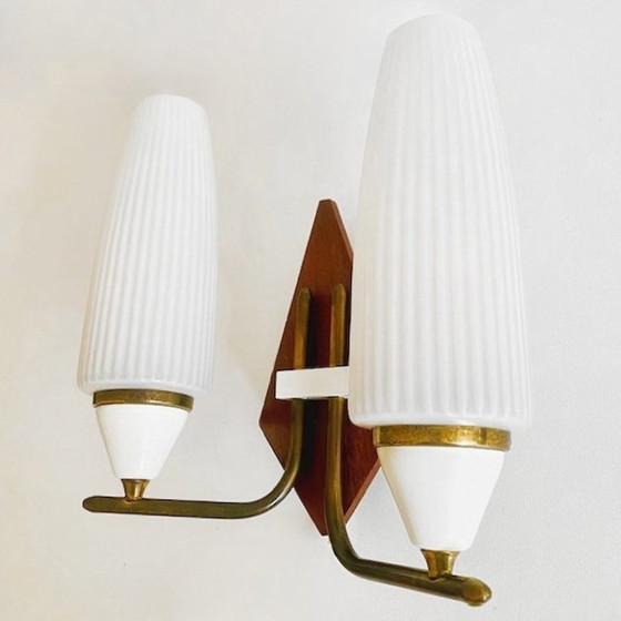 Image 1 of Mid Century Dänisches Design Doppelwandlampe Teak 1960s