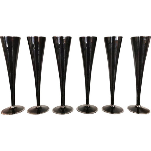 Set mit 6 Champagnerflöten aus schwarzem und silbernem Glas