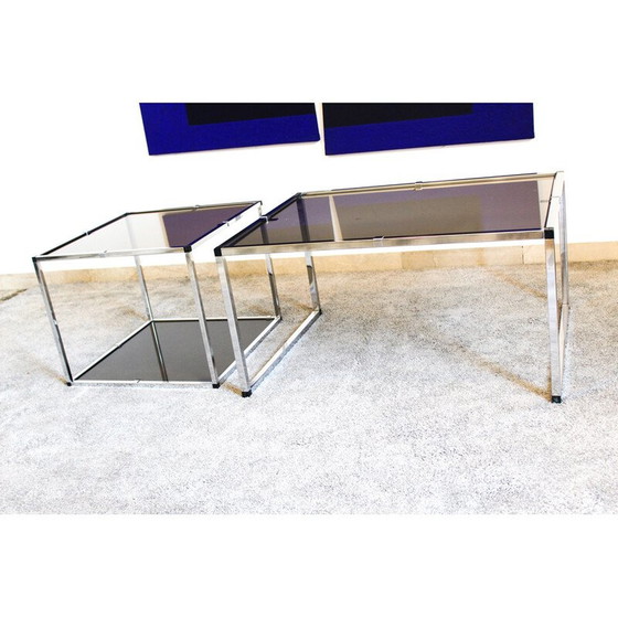 Image 1 of Vintage Beistelltisch aus verchromtem Metall und Rauchglas, Italien 1970er