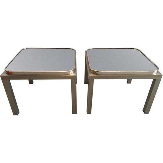 Image 1 of Paar Vintage Beistelltisch aus gebürstetem Stahl und Glas 1970er Jahre