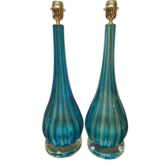 Image 1 of Paar Vintage-Lampen aus blauem und goldenem Muranoglas von Toso