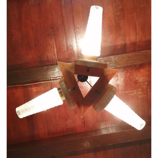Vintage-Kronleuchter mit 3 Zweigen aus Glas und lackiertem Holz, 1960