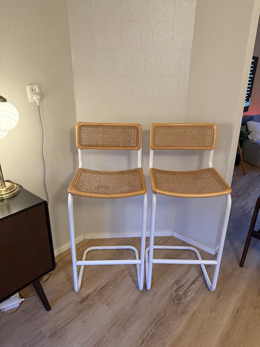 2 Gurtband Vintage Barhocker, Rohrrahmen Hocker