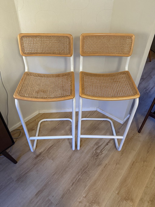 2 Gurtband Vintage Barhocker, Rohrrahmen Hocker