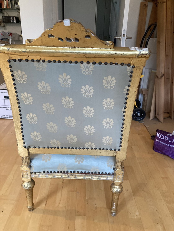 Image 1 of Schwerer antiker Stuhl, vergoldetes Holz, schöner Gave-Stoff