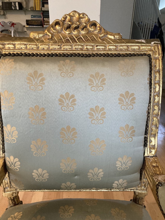 Image 1 of Schwerer antiker Stuhl, vergoldetes Holz, schöner Gave-Stoff