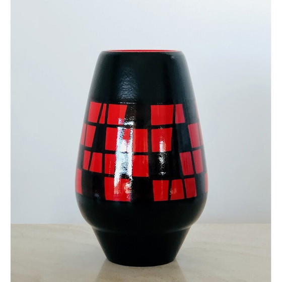 Image 1 of Vintage birnenförmige Vase aus roter und schwarzer Keramik von Elchinger, Frankreich 1960