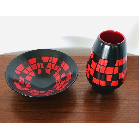 Image 1 of Vintage birnenförmige Vase aus roter und schwarzer Keramik von Elchinger, Frankreich 1960