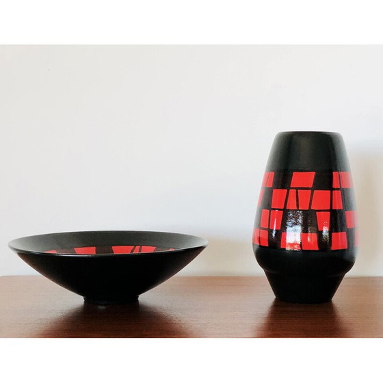 Image 1 of Vintage birnenförmige Vase aus roter und schwarzer Keramik von Elchinger, Frankreich 1960