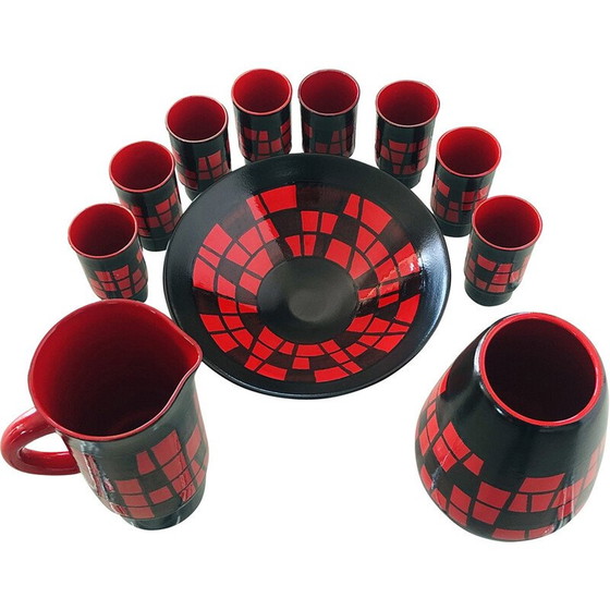 Image 1 of Vintage birnenförmige Vase aus roter und schwarzer Keramik von Elchinger, Frankreich 1960