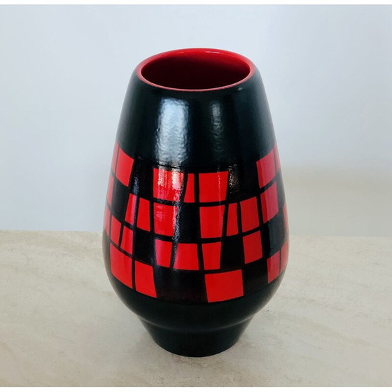 Image 1 of Vintage birnenförmige Vase aus roter und schwarzer Keramik von Elchinger, Frankreich 1960