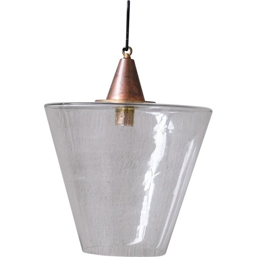 Kegelförmige Pendelleuchte aus Kupfer und Glas, Frankreich 1950