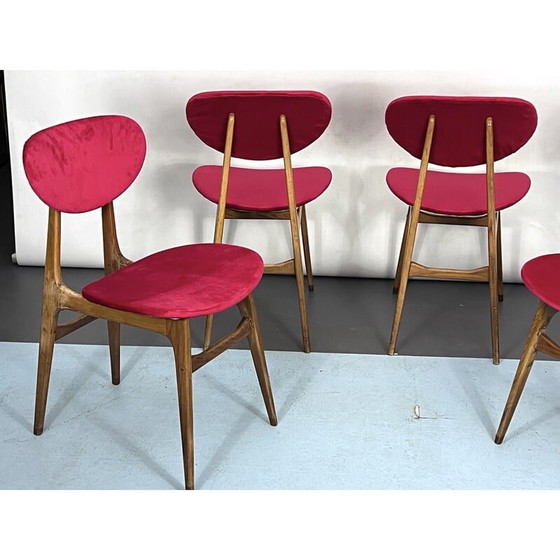 Image 1 of Satz von 4 Mid-Century-Stühlen aus rotem Samt und Holz, Italien 1950er Jahre